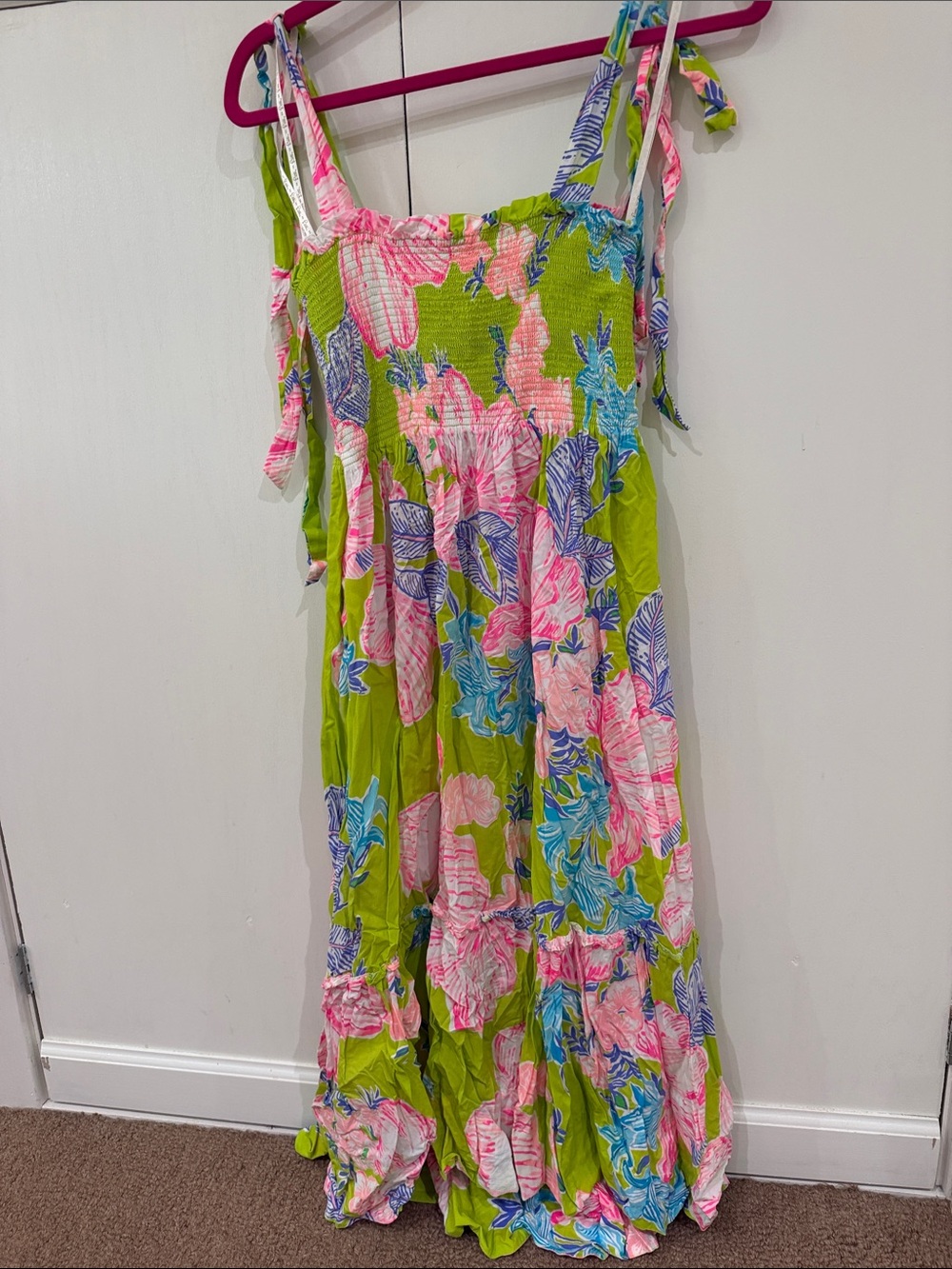 Tropical Floral Tie-Shoulder Maxi Dress - Lime & Pink